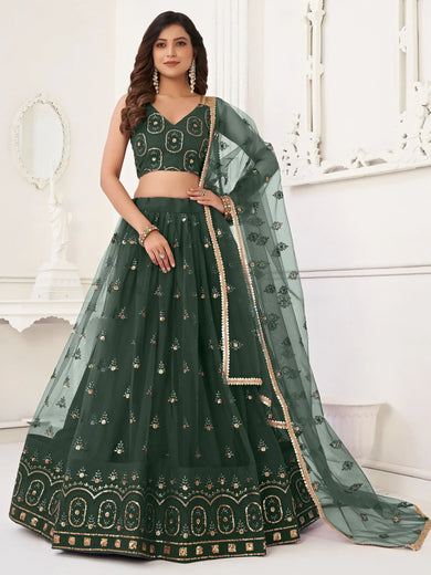 Precious Green Sequins Net Mehendi Wear Lehenga Choli With Dupatta